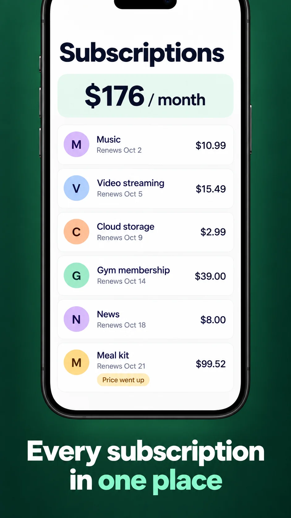 Frame 2: phone showing a subscriptions list above the caption 'Every subscription in one place'