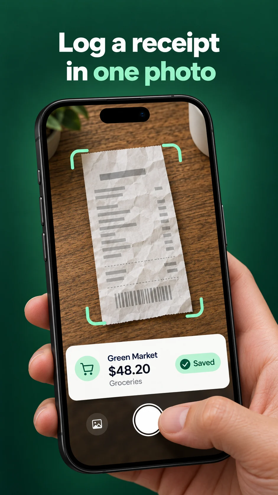 Frame 3: a hand scanning a paper receipt under the caption 'Log a receipt in one photo'