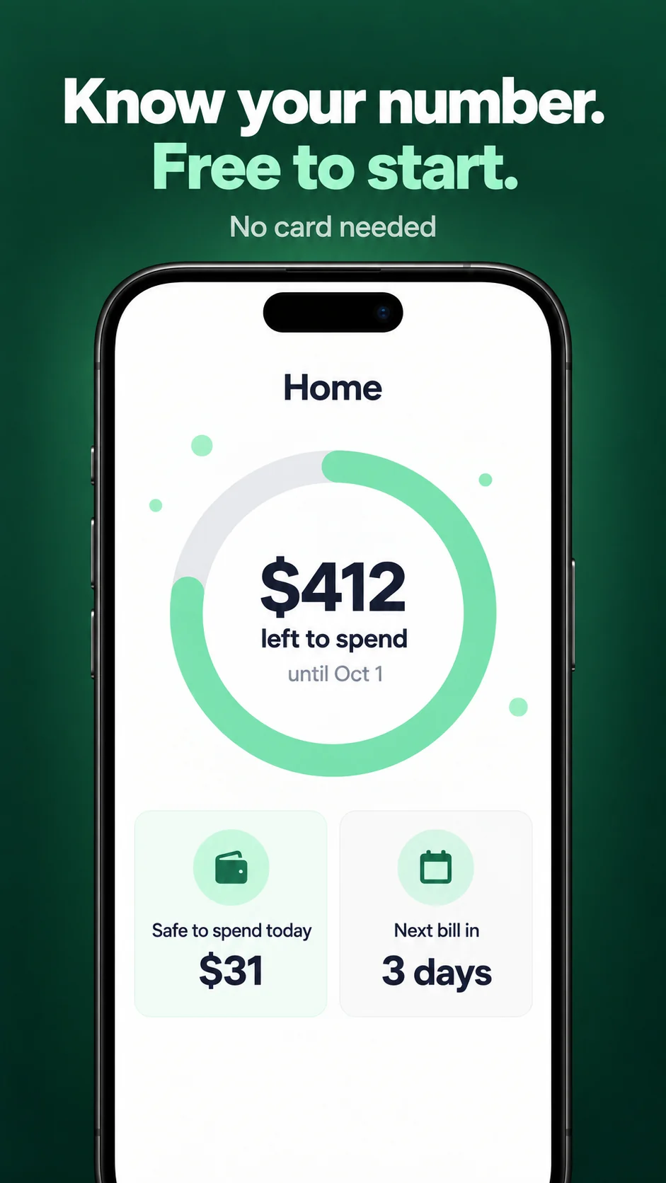 Frame 6: 'Know your number. Free to start.' above a friendly left-to-spend screen