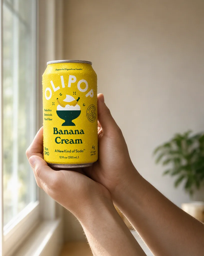 Two hands holding the OLIPOP Banana Cream can up to a bright window