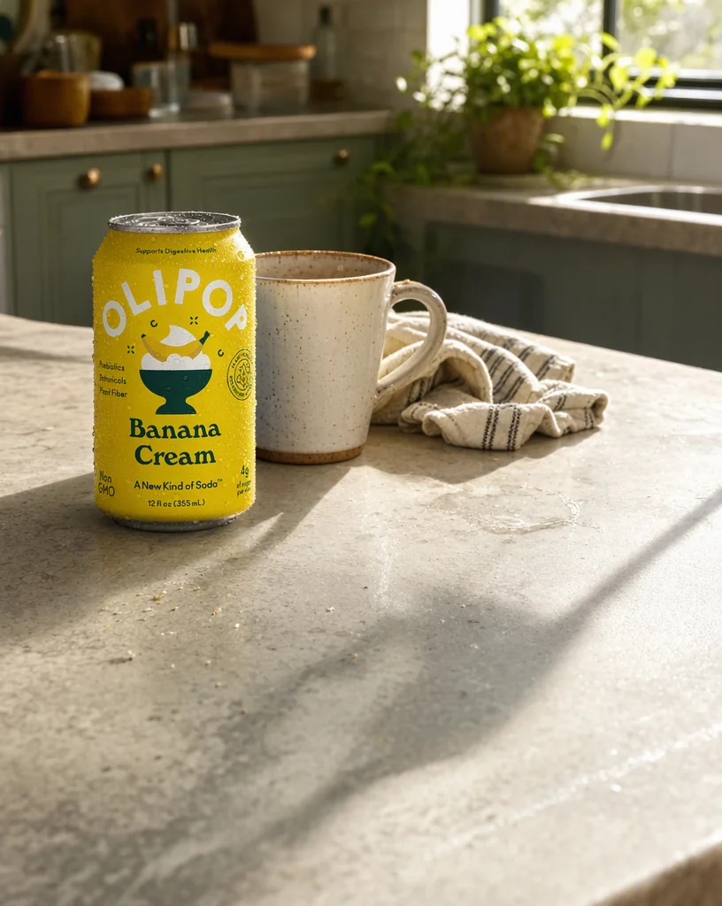The OLIPOP can on a pale stone kitchen counter beside a mug and tea towel in morning light