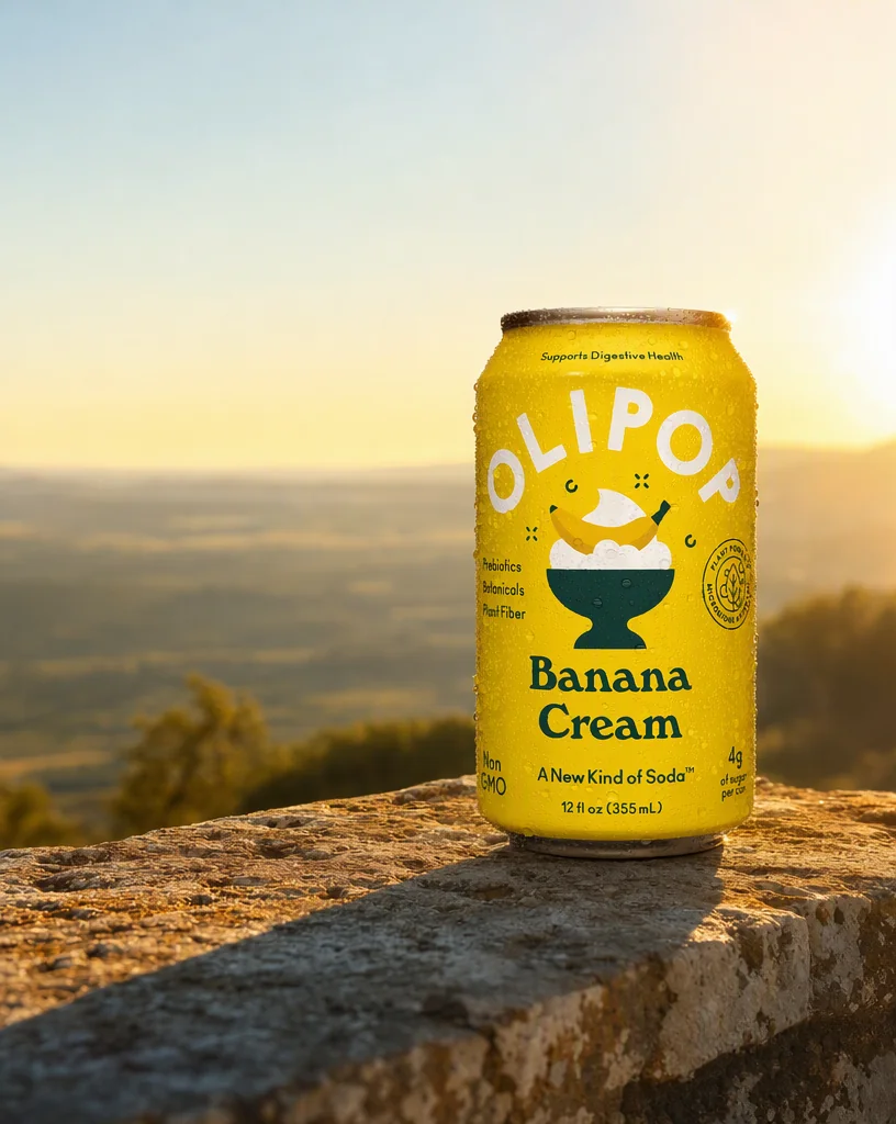 The OLIPOP can on a stone ledge above a hazy valley at golden hour