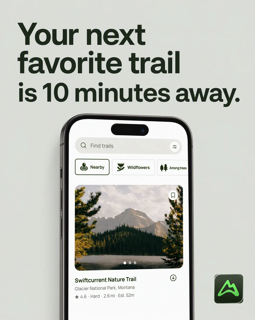 Headline statement static ad concept: Your next favorite trail is 10 minutes away.