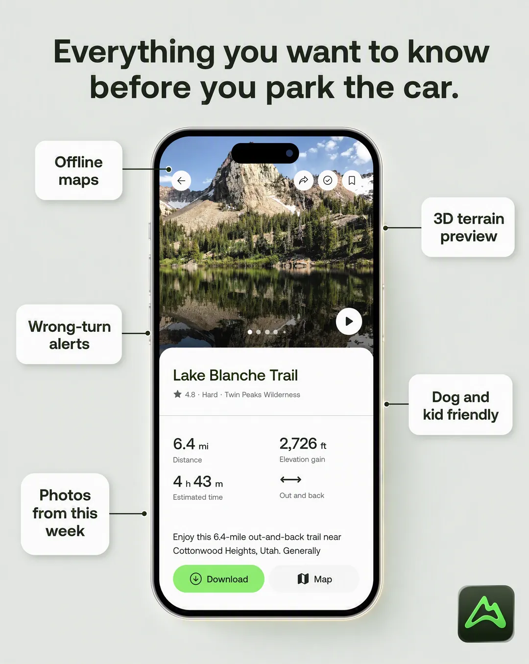 Feature spotlight static ad concept: Everything you want to know before you park the car.